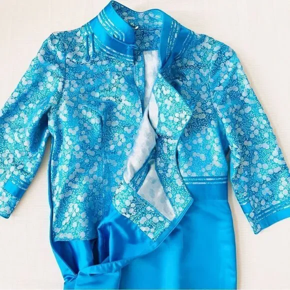 Womens Dress Silk Custom 3/4 Sleeve Floral Dressy Asian Holiday Party Wedding S - Picture 2 of 5